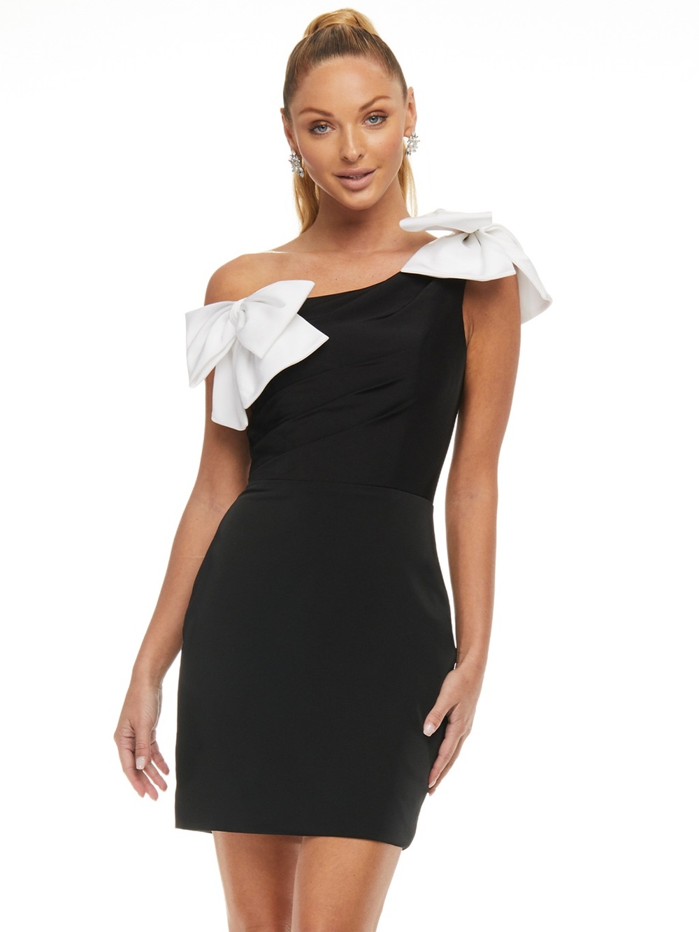 Ashley Lauren Asymmetrical One-Shoulder Black Dress with White Bow Details